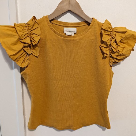 Anthropologie Mustard Yellow Flutter Sleeve Ribbed Knit - Picture 2 of 10